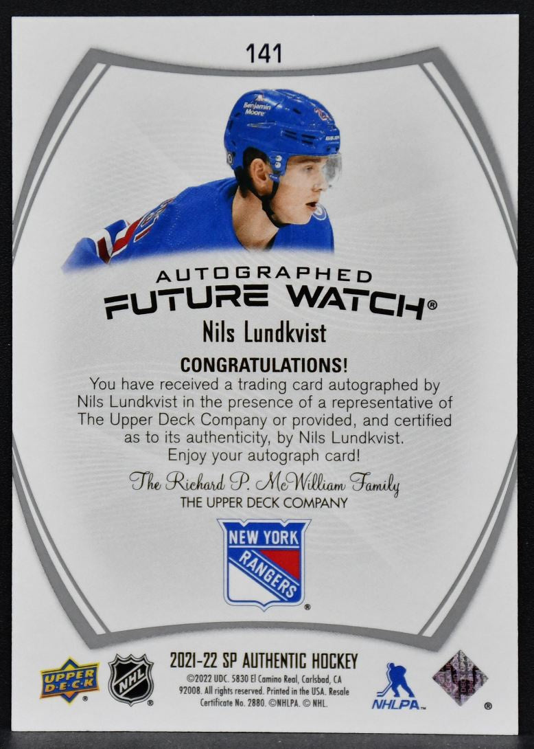 21-22 SP Authentic Future Watch Auto Nils Lundkvist 141 Rangers RC Auto 819/999 5488