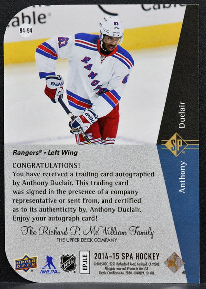 2014-15 SP Authentic Premier Prospects Auto Anthony Duclair Rangers RC Auto 1915
