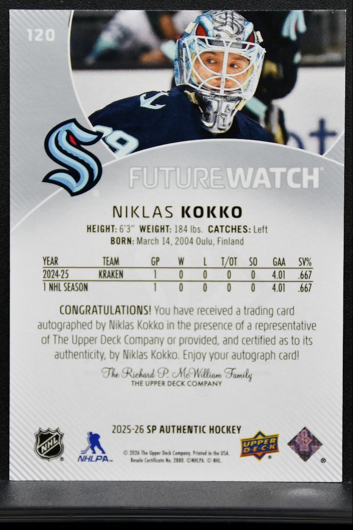 2025-26 SP Authentic Future Watch Auto Kokko Seattle Kraken RC Auto 573/999 9652
