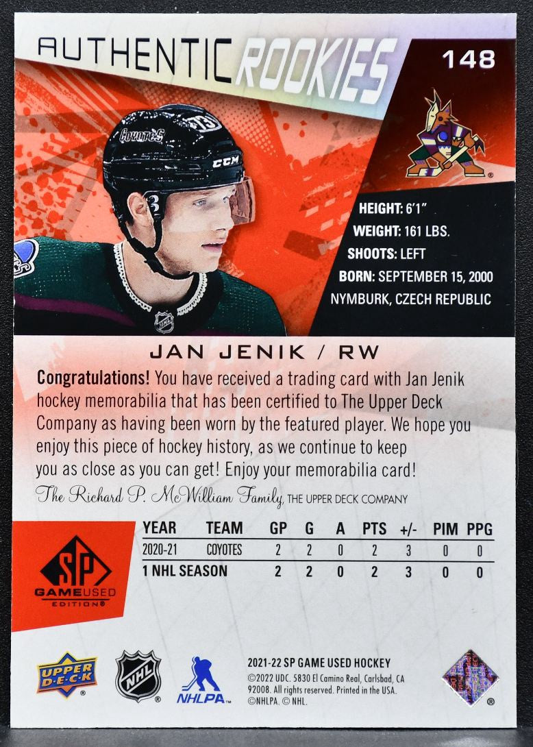 2021-22 SP Game Used Authentic Rookies Red Jan Jenik Coyotes RC Jersey 6347