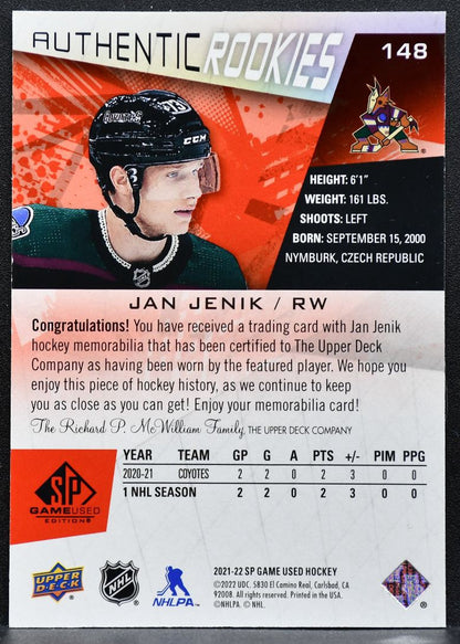 2021-22 SP Game Used Authentic Rookies Red Jan Jenik Coyotes RC Jersey 6347