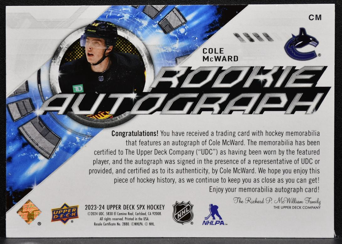 2023-24 SPx Rookie Autograph Jersey Cole McWard CM Canucks RC Auto Jersey 4454