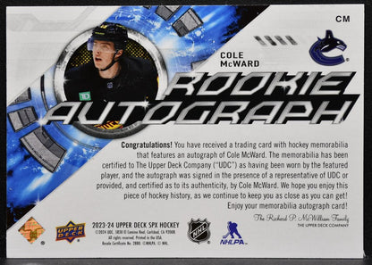 2023-24 SPx Rookie Autograph Jersey Cole McWard CM Canucks RC Auto Jersey 4454