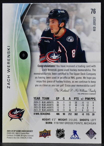 2024-25 SP Game Used Red Jersey Zach Werenski 76 Columbus Blue Jackets Jersey