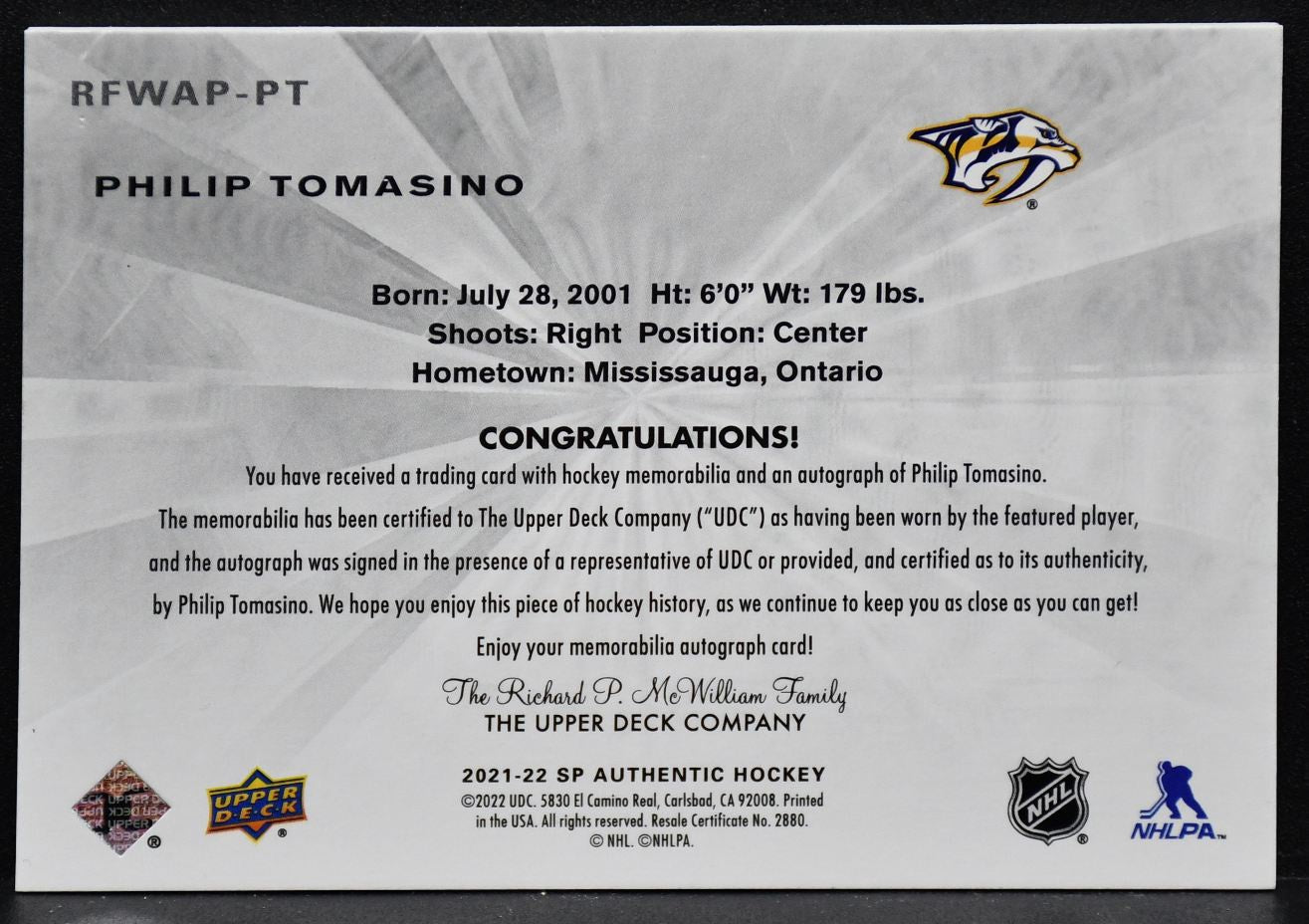 2021-22 SP Authentic 2011-12 Retro Future Watch Auto Patch Philip Tomasino /99