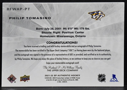 2021-22 SP Authentic 2011-12 Retro Future Watch Auto Patch Philip Tomasino /99