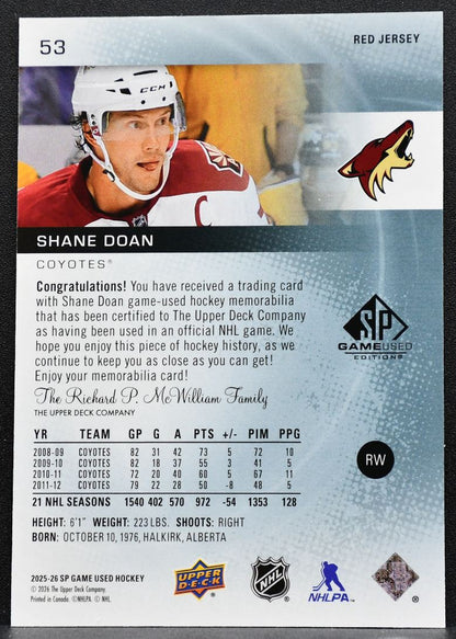2025-26 SP Game Used Red Jersey Shane Doan 53 Arizona Coyotes Jersey 6774