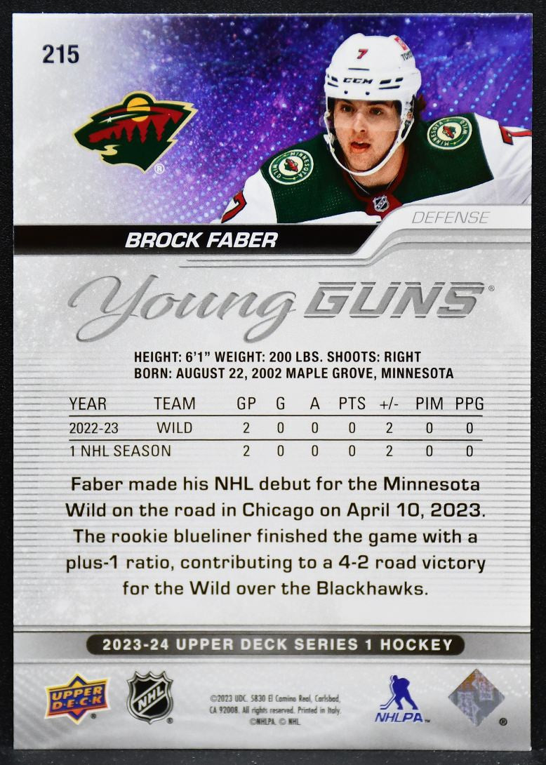 2023-24 Upper Deck Series 1 Young Guns Brock Faber 215 Minnesota Wild RC 4401