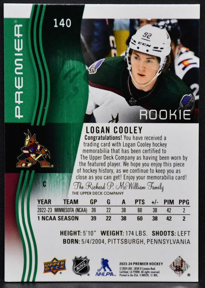 2023-24 UD Premier Fight Strap Logan Cooley 140 RC 02/15