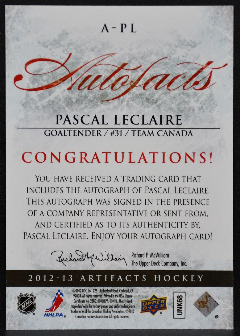 2012-13 UD Artifacts Autofacts Pascal Leclaire A-PL Team Canada Auto 8553