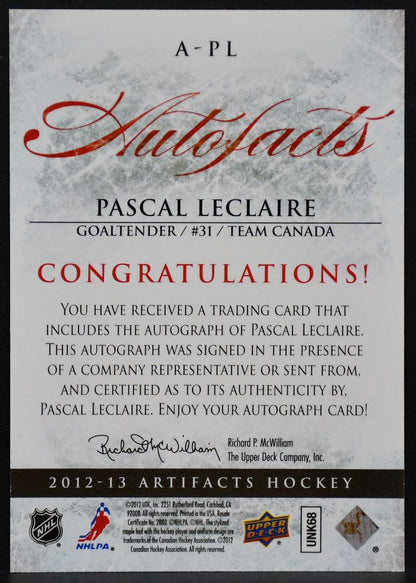 2012-13 UD Artifacts Autofacts Pascal Leclaire A-PL Team Canada Auto 8553