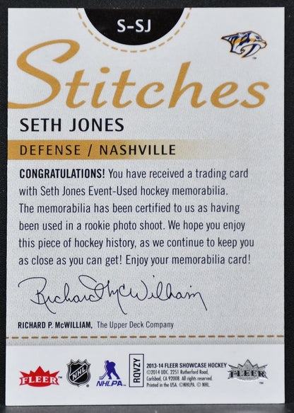 2013-14 Fleer Showcase Stitches Seth Jones S-SJ Nashville Predators Jersey 2982