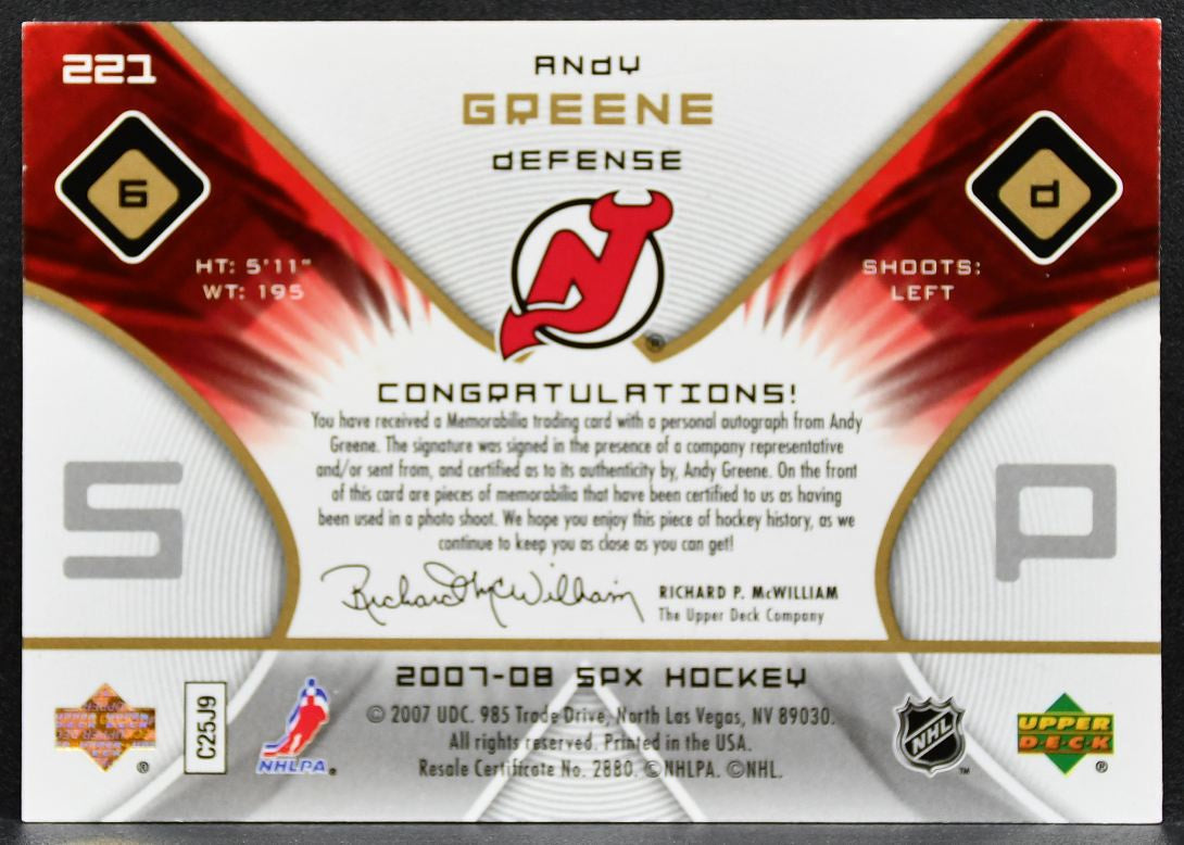 2007-08 SPx Jersey Rookie Auto Andy Greene Devils RC Auto 572/999 Jersey 3110