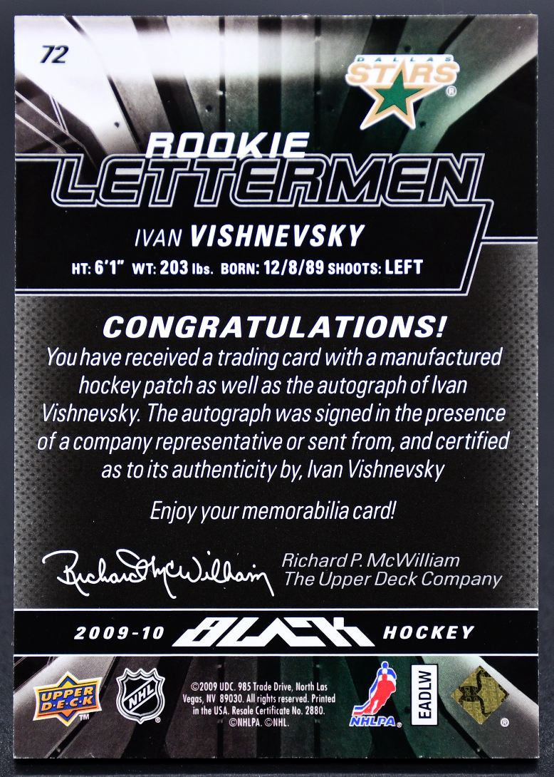 2009-10 UD Black Letterman Ivan Vishnevsky 72 Dallas Stars RC Auto /499 Patch