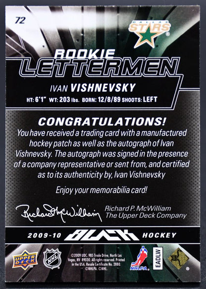 2009-10 UD Black Letterman Ivan Vishnevsky 72 Dallas Stars RC Auto /499 Patch