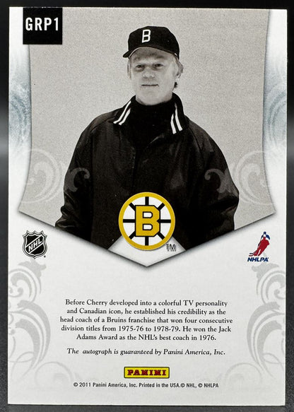 Carte autographiée de Don Cherry (GRP1) des Bruins de Boston, certifiée Panini Private Signings 2011-2012