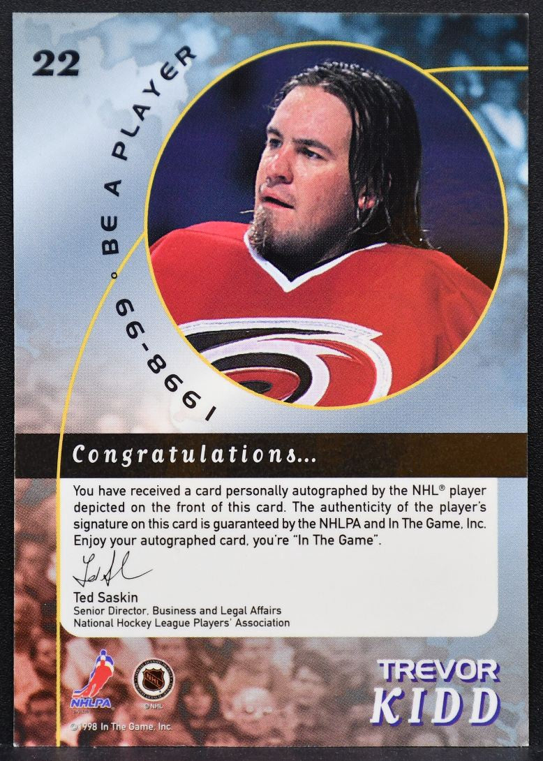 1998-99 Be a Player Autographs Trevor Kidd 22 Carolina Hurricanes Auto 9420