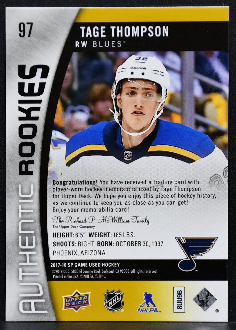 2017-18 SP Game Used Tage Thompson 97 St. Louis Blues RC 040/399 Jersey