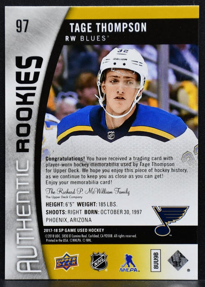 2017-18 SP Game Used Tage Thompson 97 St. Louis Blues RC 040/399 Jersey