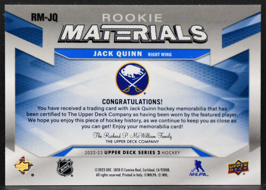 2022-23 UD Series 2 Rookie Materials Jack Quinn RM-JQ Buffalo Sabres RC Jersey 3063
