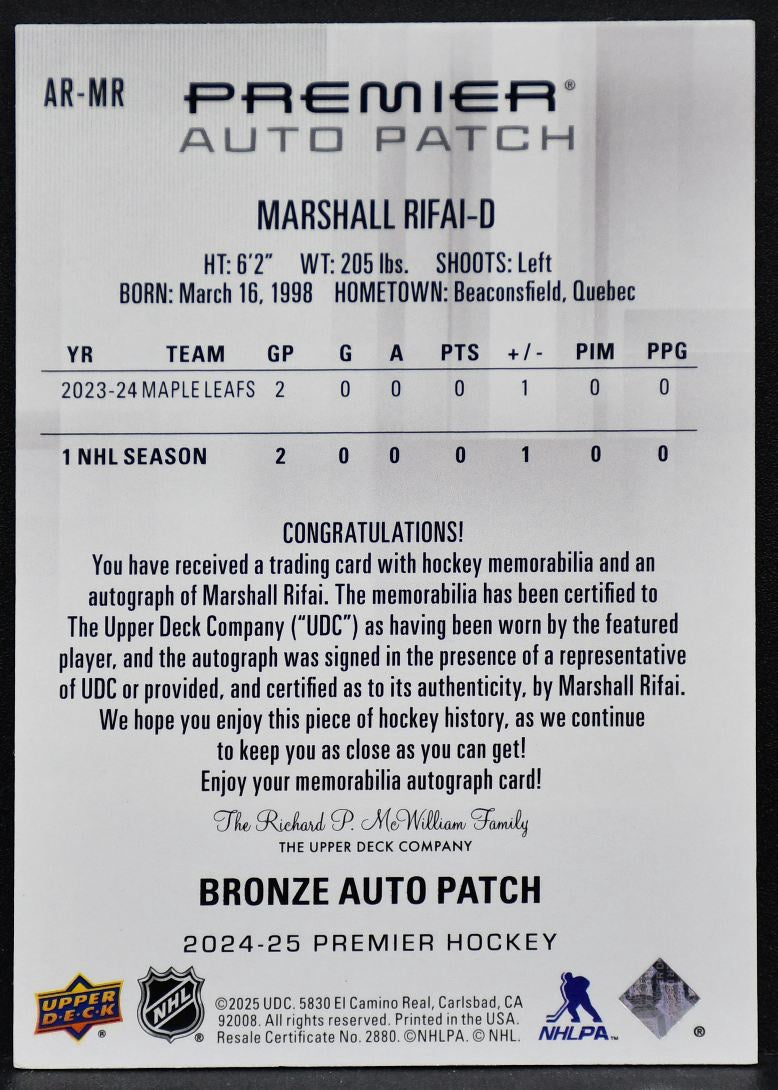 2024-25 UD Premier Acetate RC Auto Patch Marshall Rifai Maple Leafs RC /249 5150