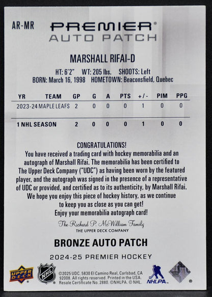 2024-25 UD Premier Acetate RC Auto Patch Marshall Rifai Maple Leafs RC /249 5150