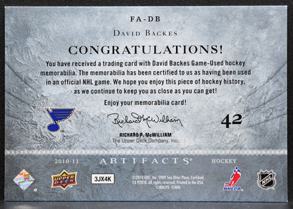 2010-11 Upper Deck Artifacts Frozen David Backes FA-DB Blues 17/35 Jersey 6571