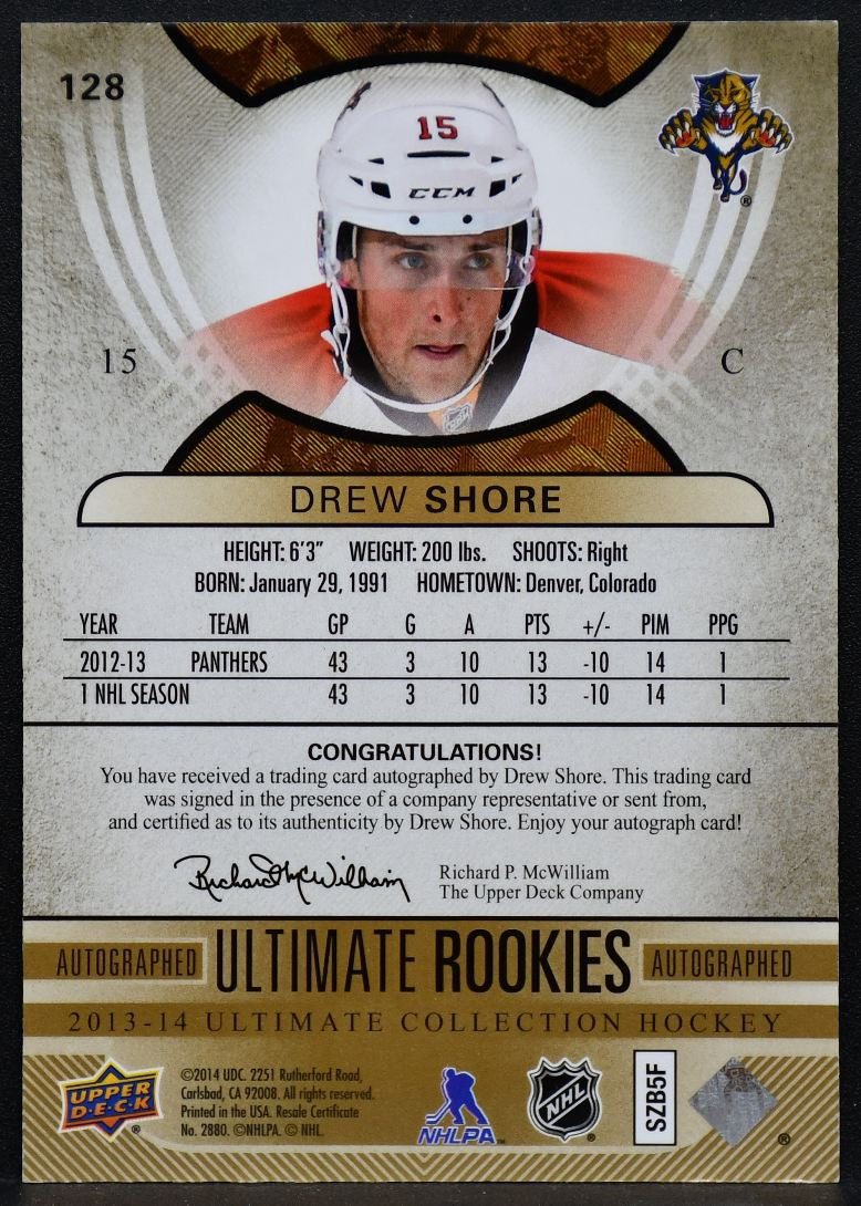 2013-14 UD Ultimate Collection RC Drew Shore 128 Panthers RC Auto 195/399 1912