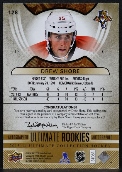 2013-14 UD Ultimate Collection RC Drew Shore 128 Panthers RC Auto 195/399 1912