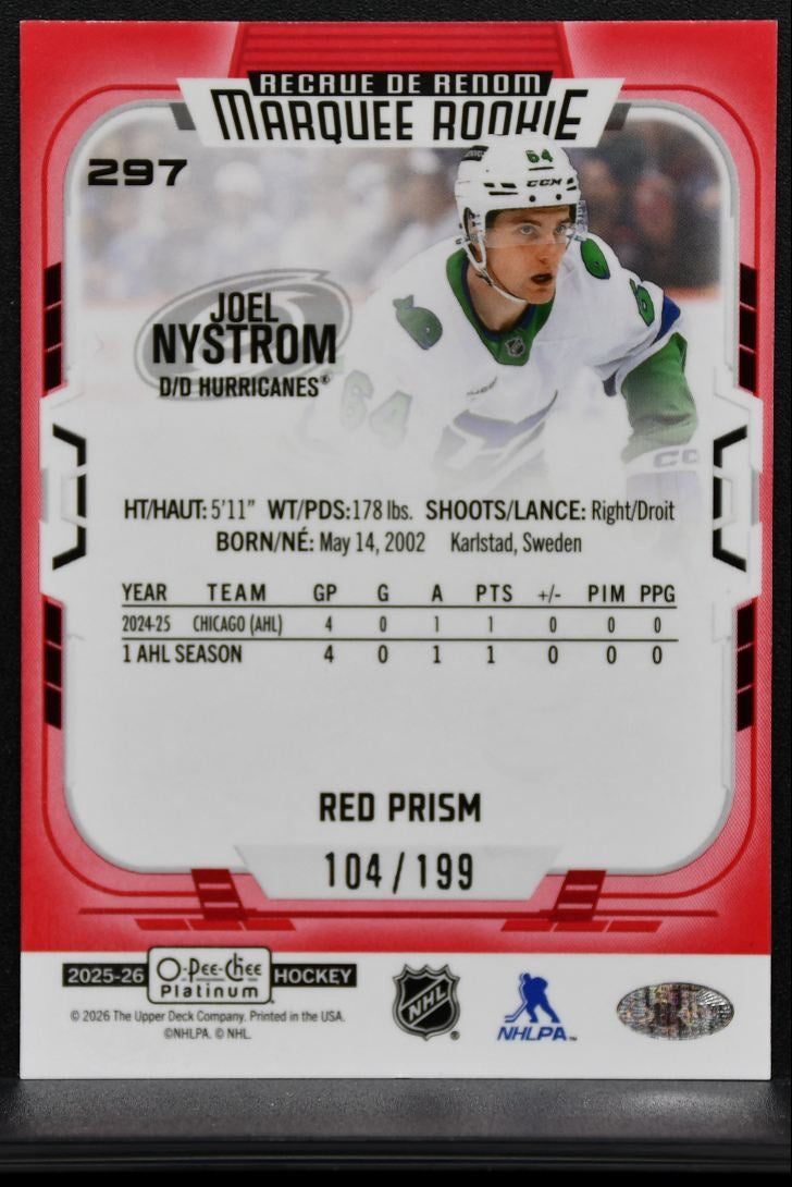 2025-26 O-Pee-Chee Platinum Red Prism Joel Nystrom Hurricanes RC 104/199 9461