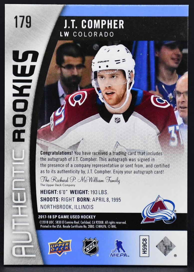 2017-18 SP Game Used Authentic Rookies Auto Blue J.T. Compher 179 RC Auto