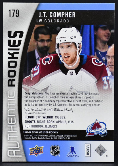 2017-18 SP Game Used Authentic Rookies Auto Blue J.T. Compher 179 RC Auto