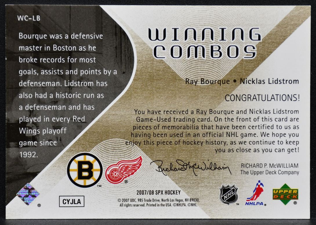 2007-08 SPx Winning Combos Lidstrom/Bourque Red Wings/Bruins Jersey 3668