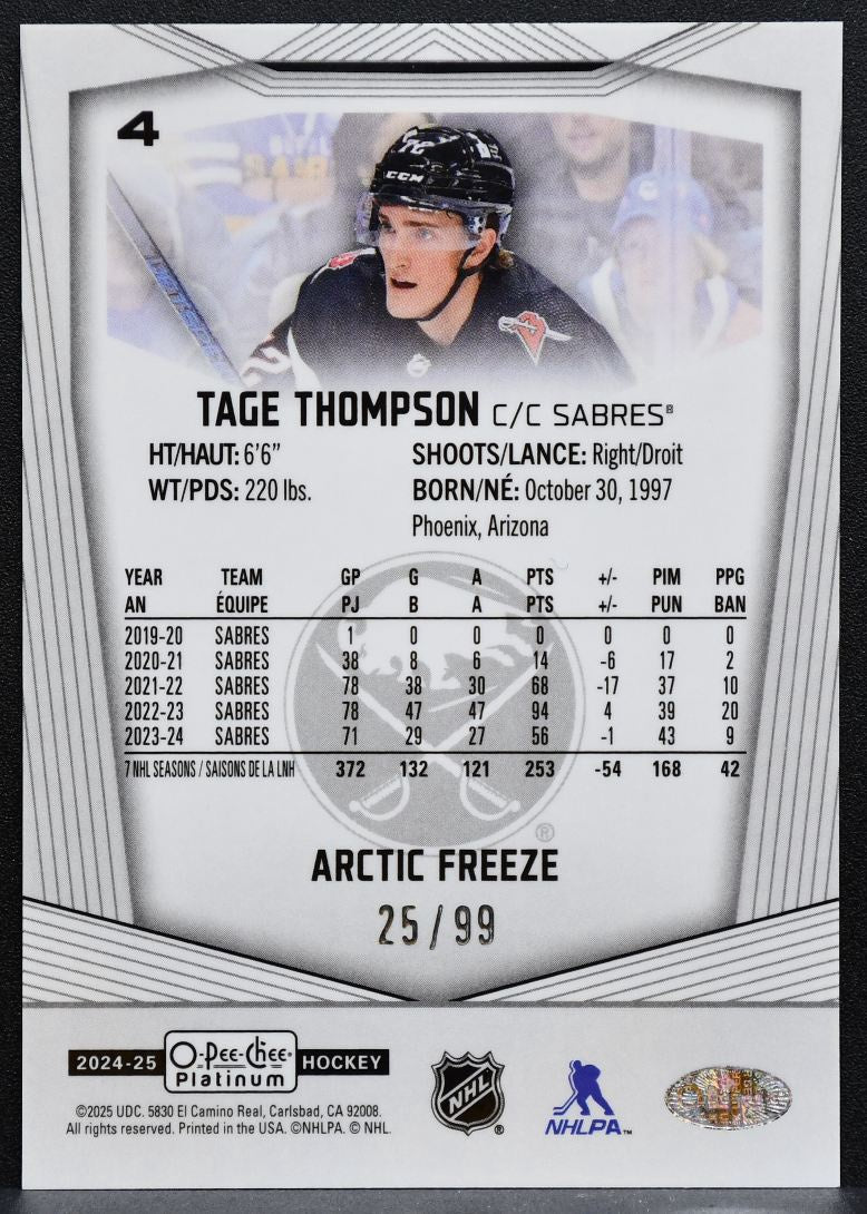 2024-25 O-Pee-Chee Platinum Arctic Freeze Tage Thompson 4 Sabres 25/99 9171