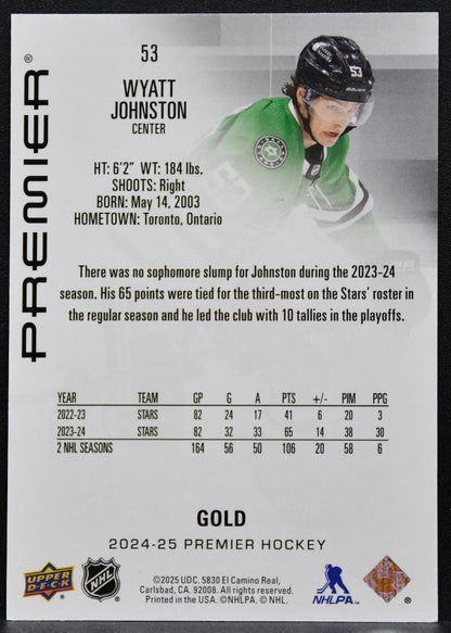 2024-25 Upper Deck Premier Gold Wyatt Johnston 53 Dallas Stars 13/25 6012