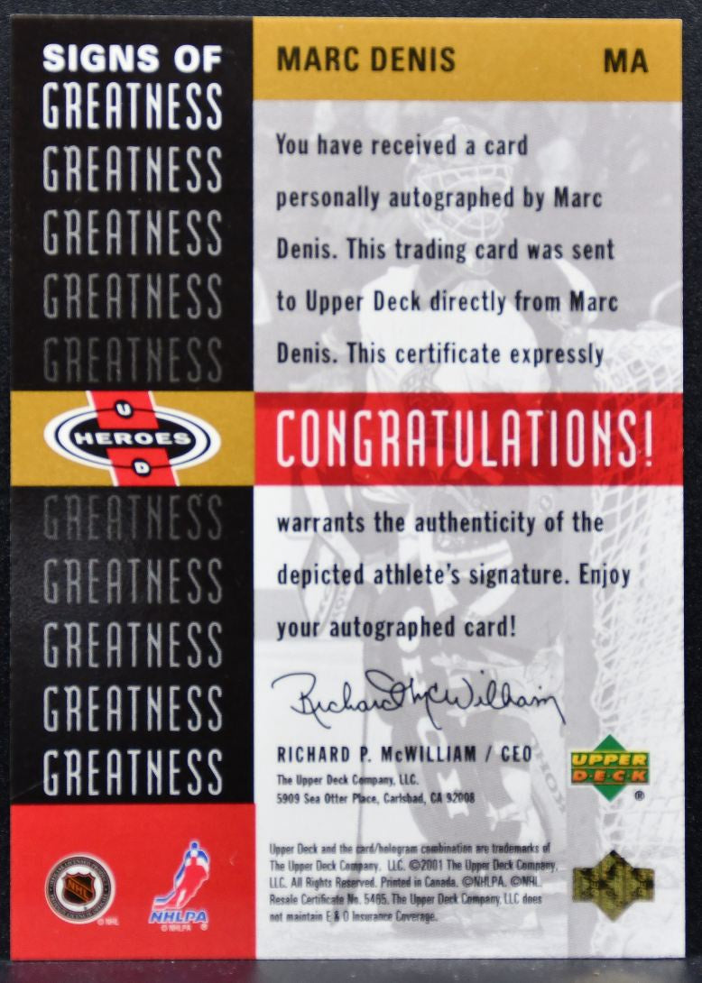 2001-02 Upper Deck Sign of Greatness Marc Denis Columbus Blue Jackets Auto 3791