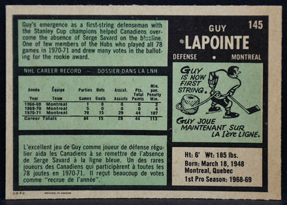 1971-72 O-Pee-Chee Guy Lapointe 145 Montreal Canadiens 3506