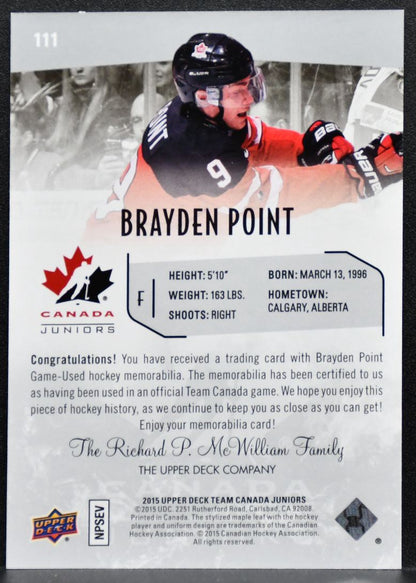 2015-16 Upper Deck Team Canada Juniors Brayden Point 111 Canada Jersey 4552