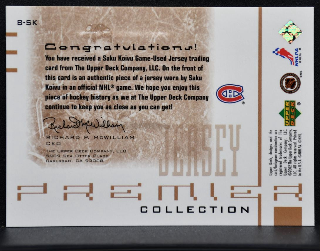 2001-02 UD Premier Collection Jerseys Saku Koivu B-SK Canadiens 8915
