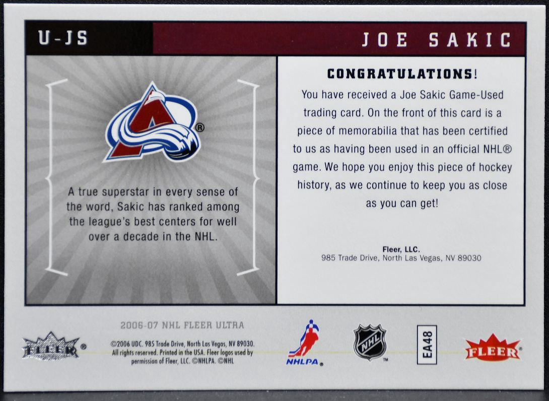 2006-07 Fleer Ultra Uniformity Jersey Joe Sakic U-JS Avalanche Jersey 1167
