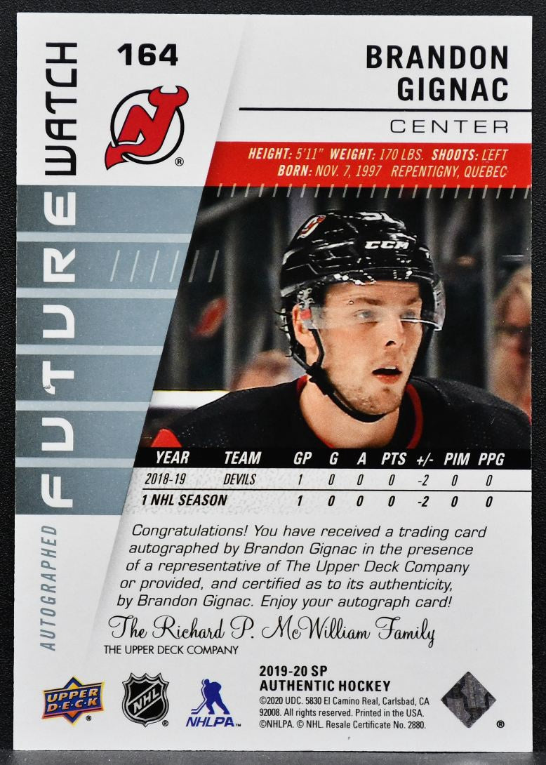2019-20 SP Authentic Future Watch Auto Brandon Gignac Devils RC Auto 7573