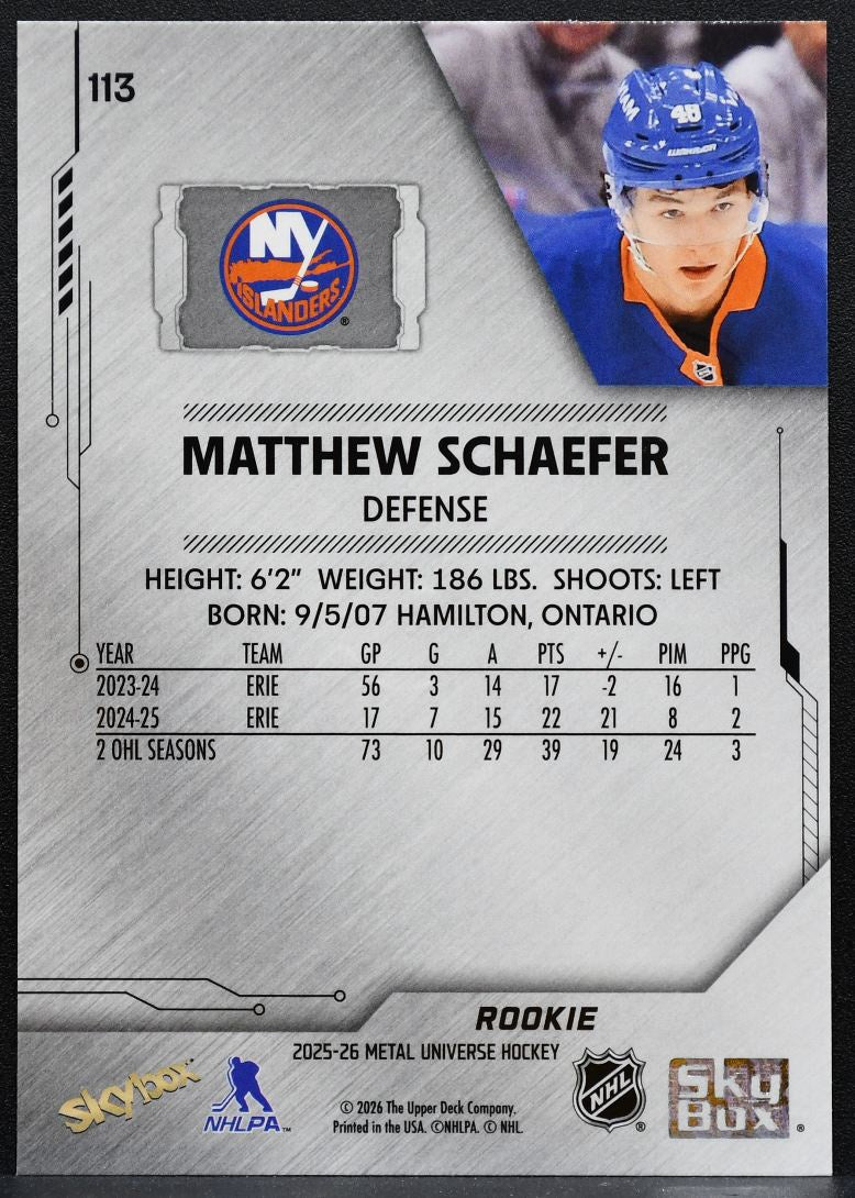 2025-26 SkyBox Metal Universe Matthew Schaefer 113 New York Islanders RC 9126