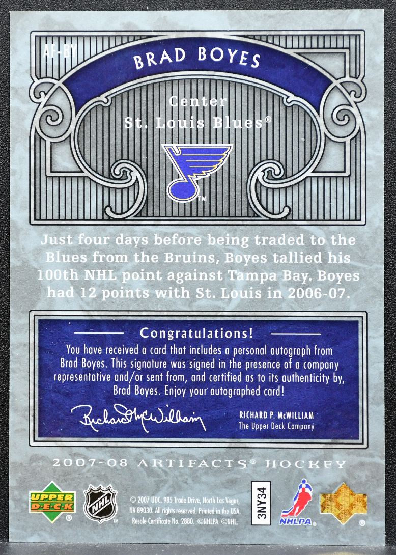 2007-08 Upper Deck Artifacts Auto-Facts Brad Boyes AF-BY Blues Auto 9518