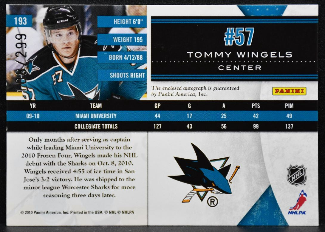 2010-11 Panini Limited Phenoms Tommy Wingels 193 RC Auto 108/299 Patch 4037