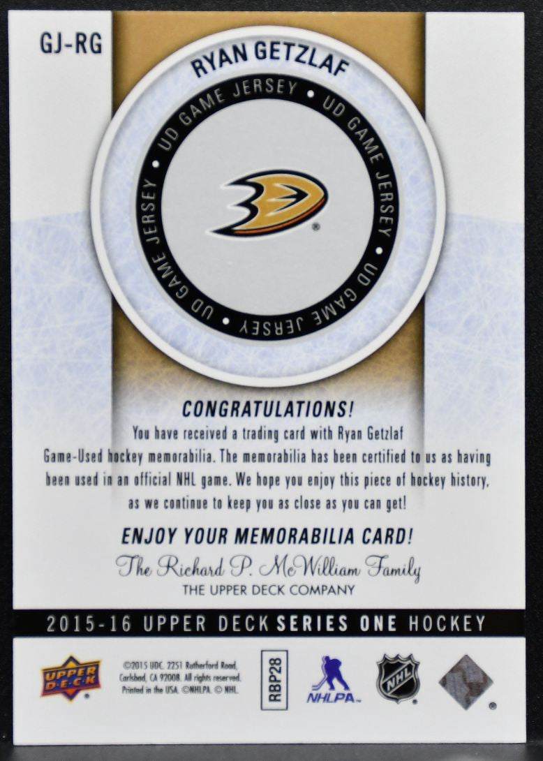 2015-16 UD Series 1 UD Game Jersey Ryan Getzlaf GJ-RG Anaheim Ducks Jersey 4811
