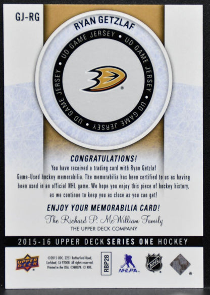 2015-16 UD Series 1 UD Game Jersey Ryan Getzlaf GJ-RG Anaheim Ducks Jersey 4811