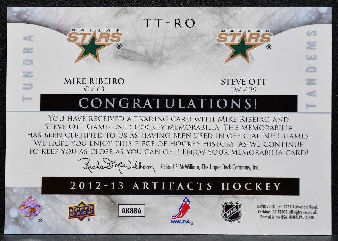 2012-13 UD Artifacts Tundra Tandems Blue Dual Ribeiro/Ott Stars Jersey 9709