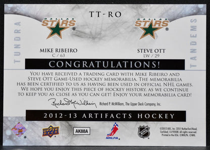 2012-13 UD Artifacts Tundra Tandems Blue Dual Ribeiro/Ott Stars Jersey 9709