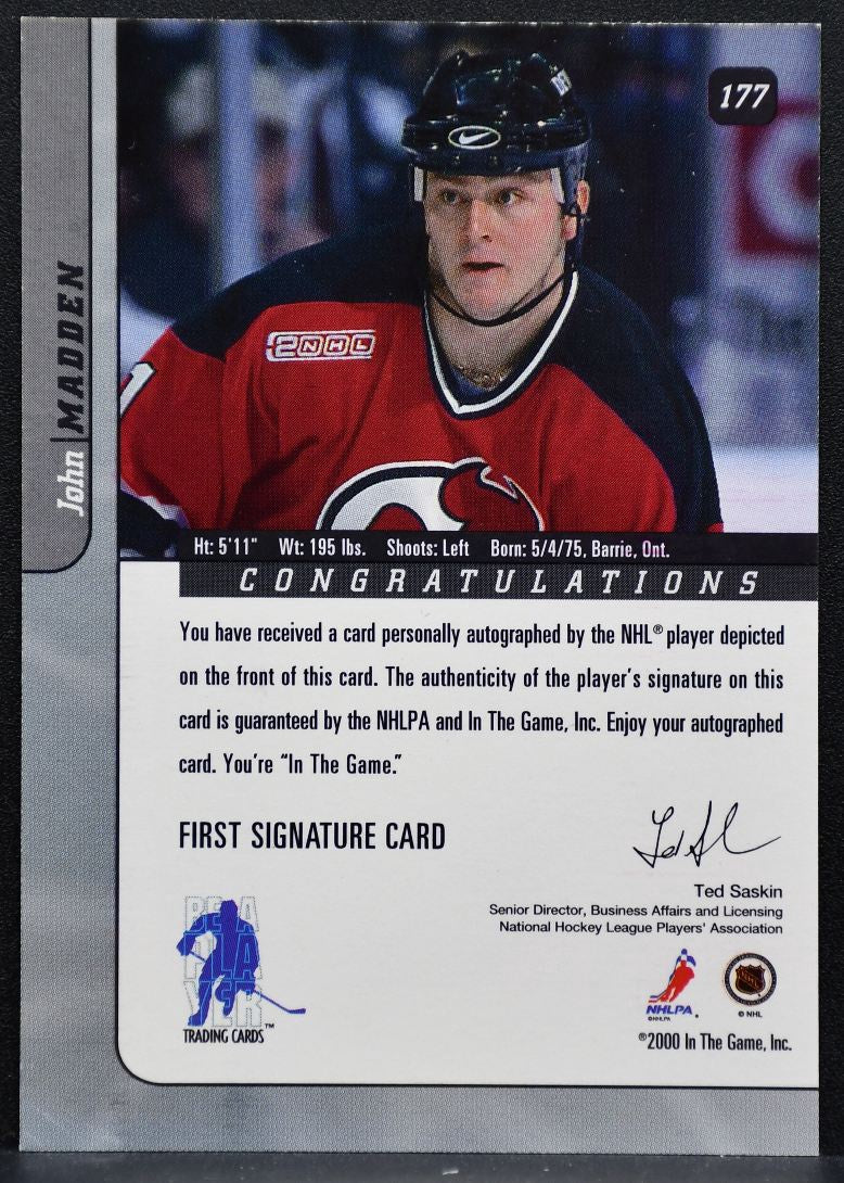 2000-01 Be a Player Signature Series Autographs John Madden 177 Devils Auto 0967