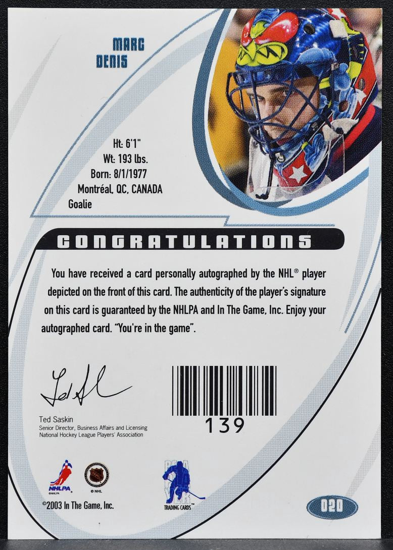 2003-04 In The Game Signature Gold Marc Denis 020 Blue Jackets Auto 1450